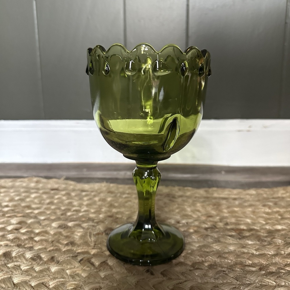 Indiana Glass Vintage Tear‎ Drop Avocado Green Pedestal Goblet  7" Footed Bowl